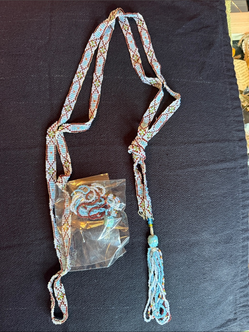 Beaded Tassel necklace, belt, or strap - Light Blue Multi